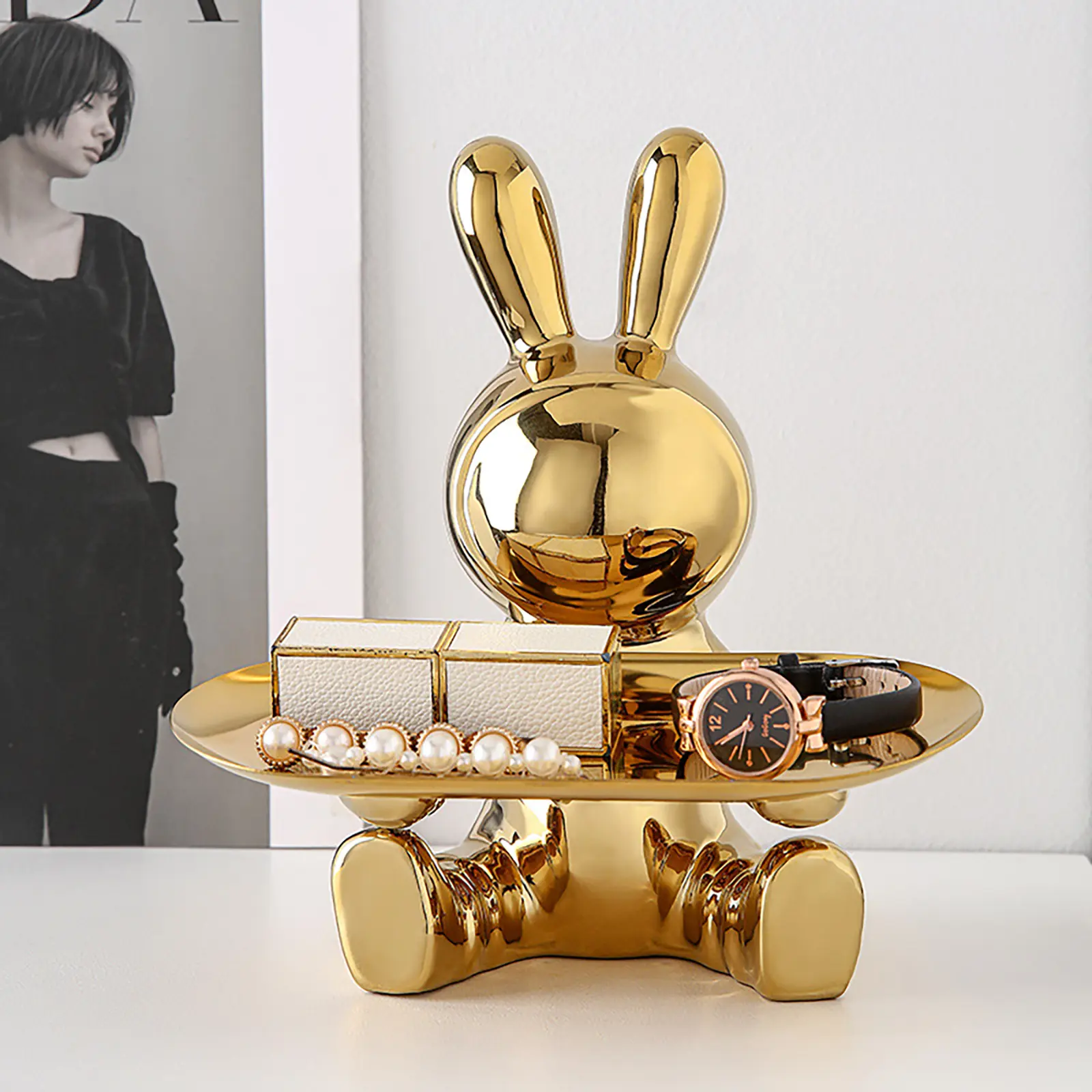 Ceramic Rabbit Statues Storage Tray Christmas Gifts Electroplating Rabbit Figurines Art Ornament Home Decor for Home Living Room