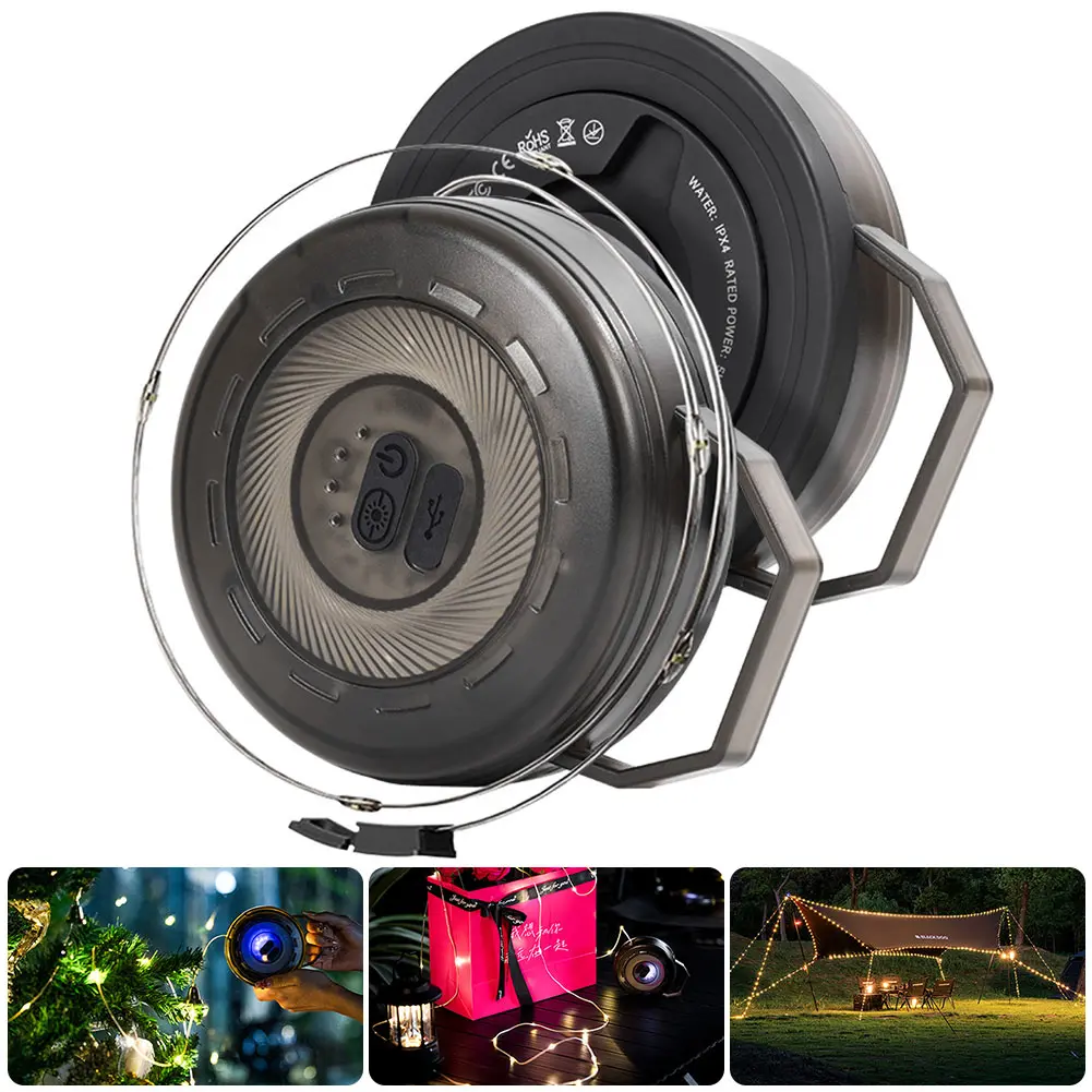 10M Outdoor Camping Light with Hook Tent String Light Hand Crank Storage Canopy Light Strip Type-C Charging for Home Party Decor