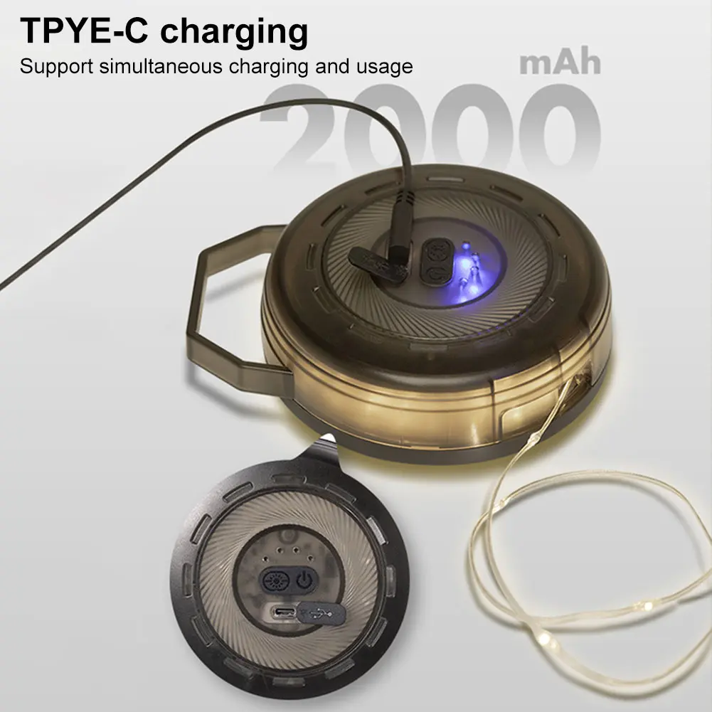 10M Outdoor Camping Light with Hook Tent String Light Hand Crank Storage Canopy Light Strip Type-C Charging for Home Party Decor