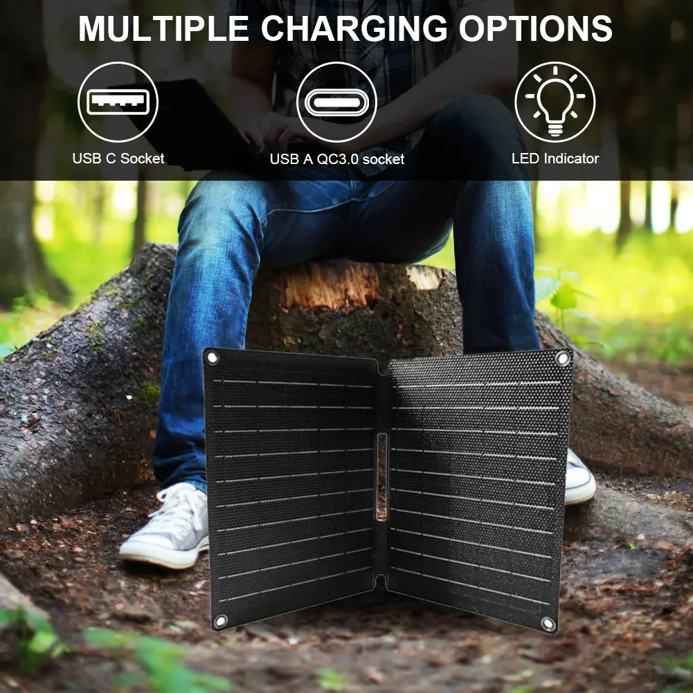16W 5V Solar Panel Folding Waterproof Portable Solar Battery Charger with USB /Type-C Ports Solar Charger Power Emergency Panels