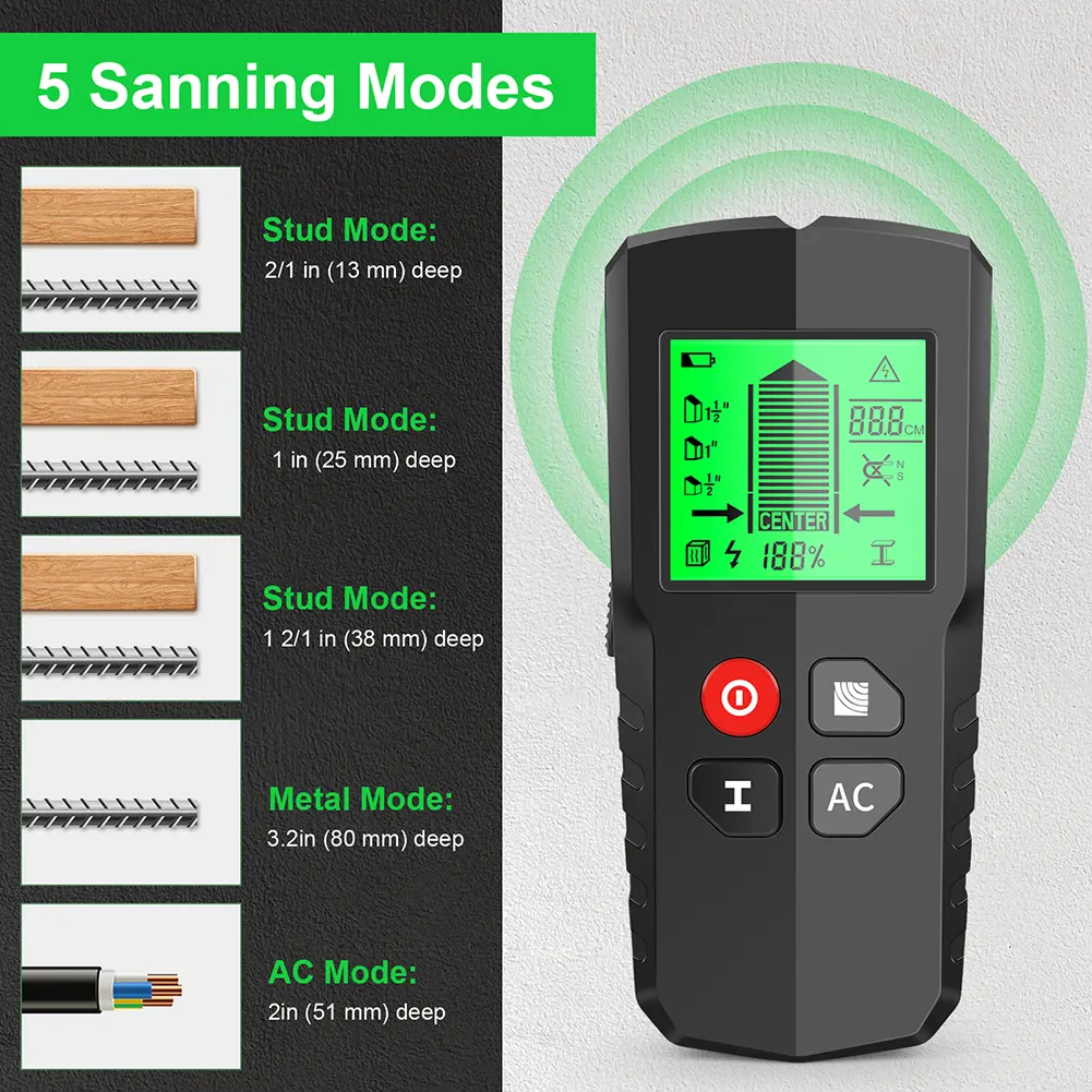 5 in 1 Stud Finder Wall Detector AC Wall Scanner Hidden Line Finding Cable Wires Depth Tracker Digital Backlit LCD Display