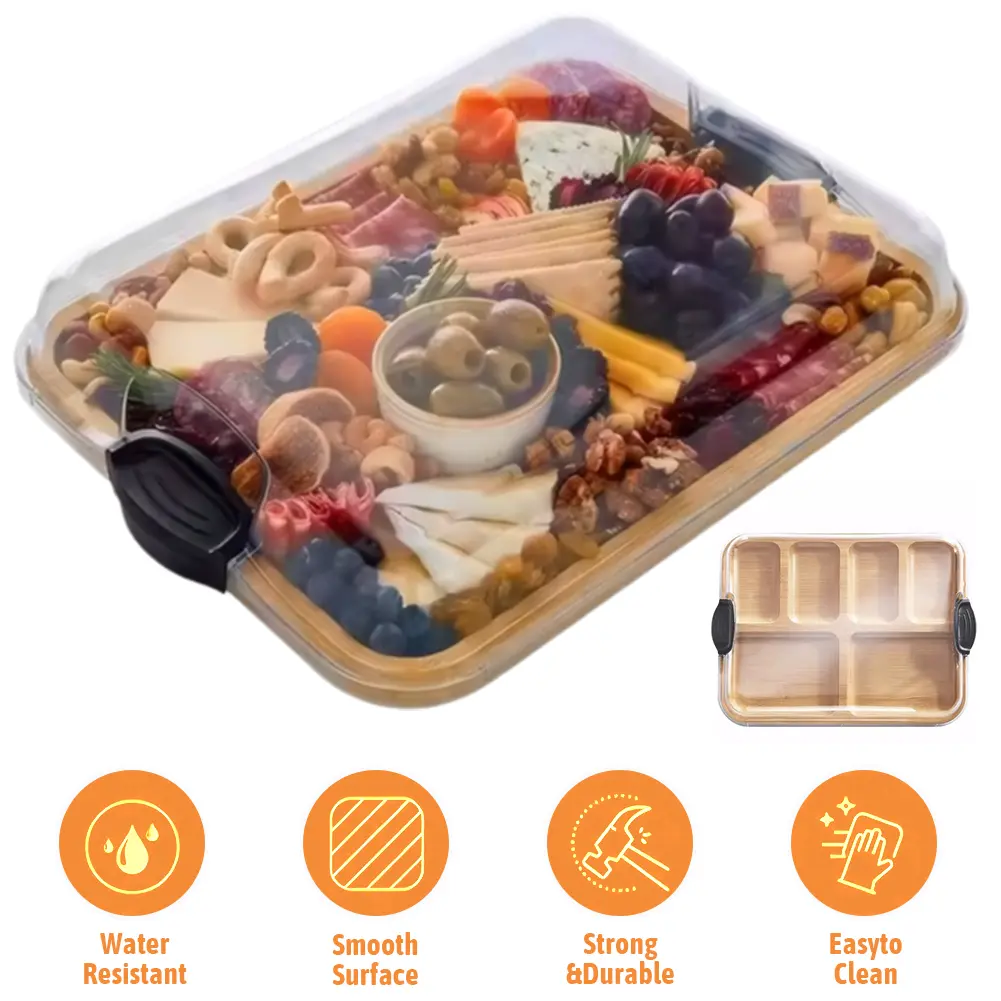 Wooden Bamboo Cheese Platter W/ Lid Biscuit Snacks Platter Tray Serving Board for Gourmets Birthday Presents Housewarming Gifts