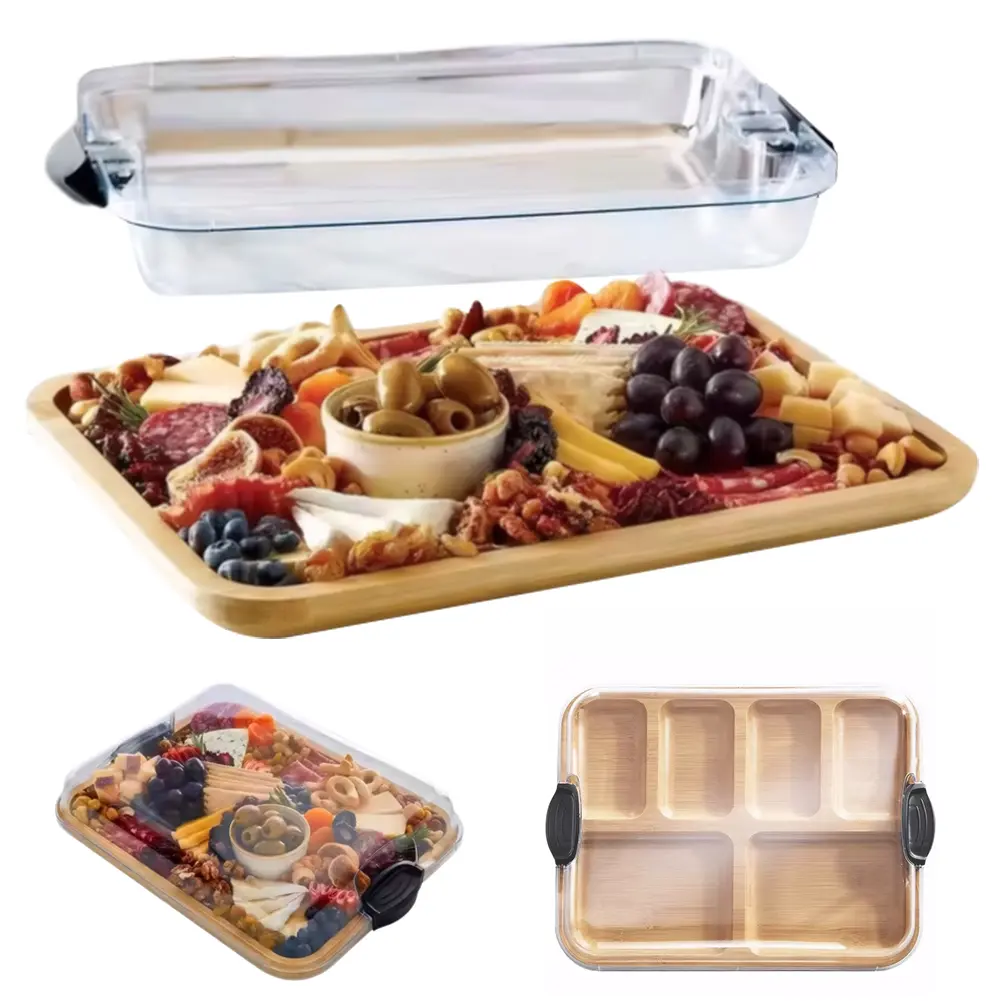 Wooden Bamboo Cheese Platter W/ Lid Biscuit Snacks Platter Tray Serving Board for Gourmets Birthday Presents Housewarming Gifts