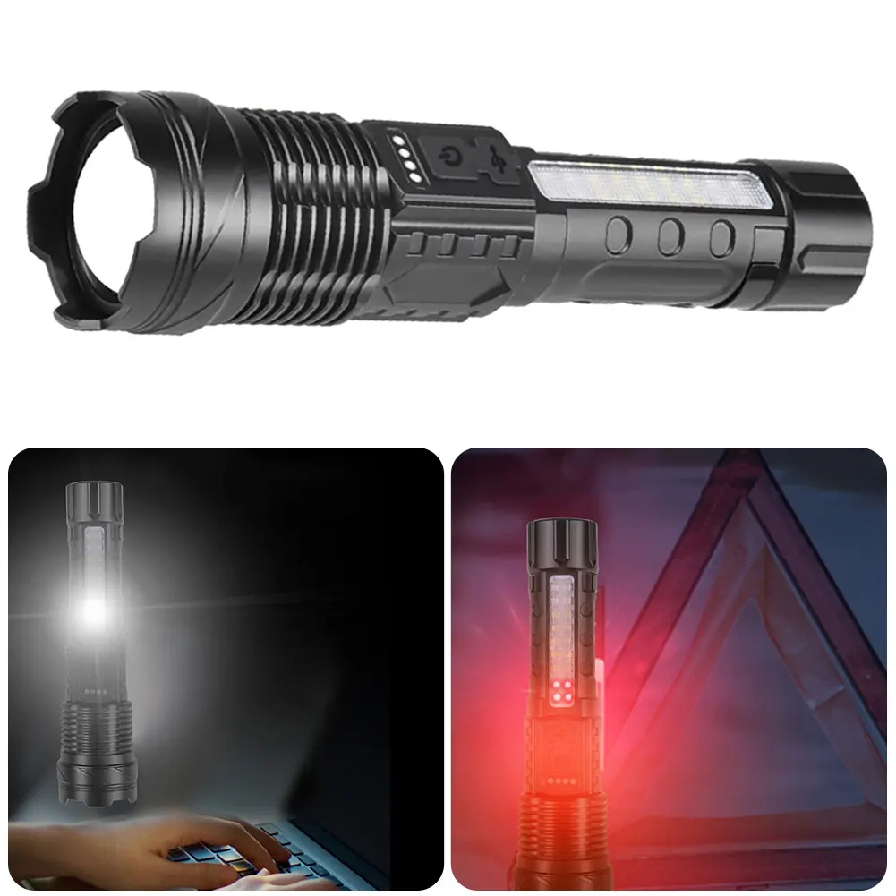 Powerful LED Flashlight with Power Display Zoomable Sportlights Built-in Battery Rechargeable for Outdoor Camping Fishing