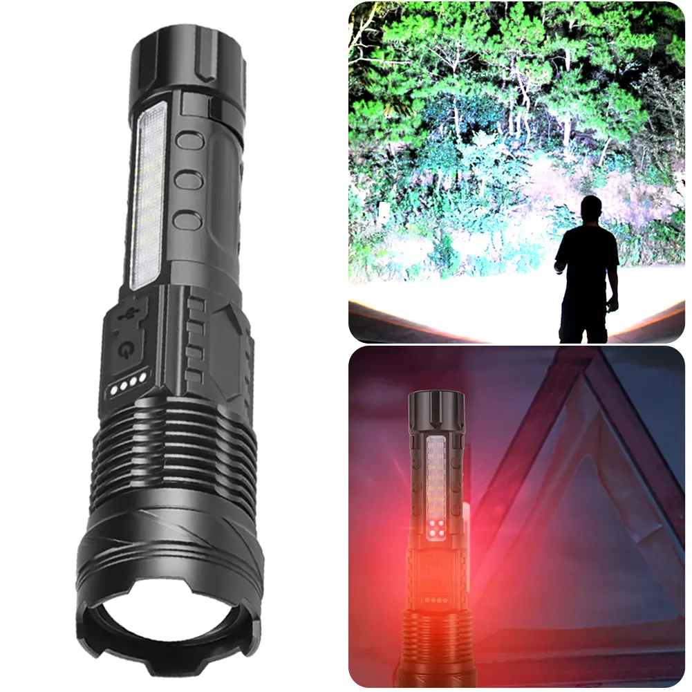 Powerful LED Flashlight with Power Display Zoomable Sportlights Built-in Battery Rechargeable for Outdoor Camping Fishing