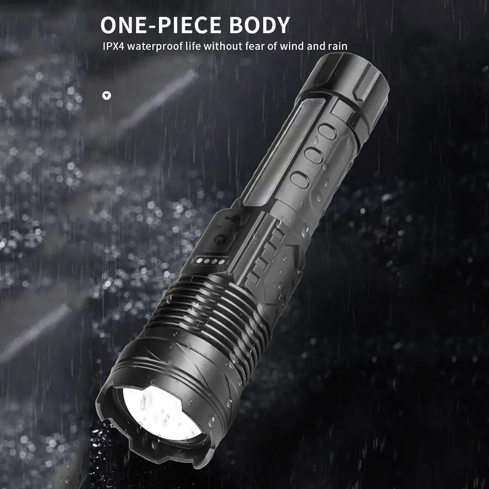 Powerful LED Flashlight with Power Display Zoomable Sportlights Built-in Battery Rechargeable for Outdoor Camping Fishing