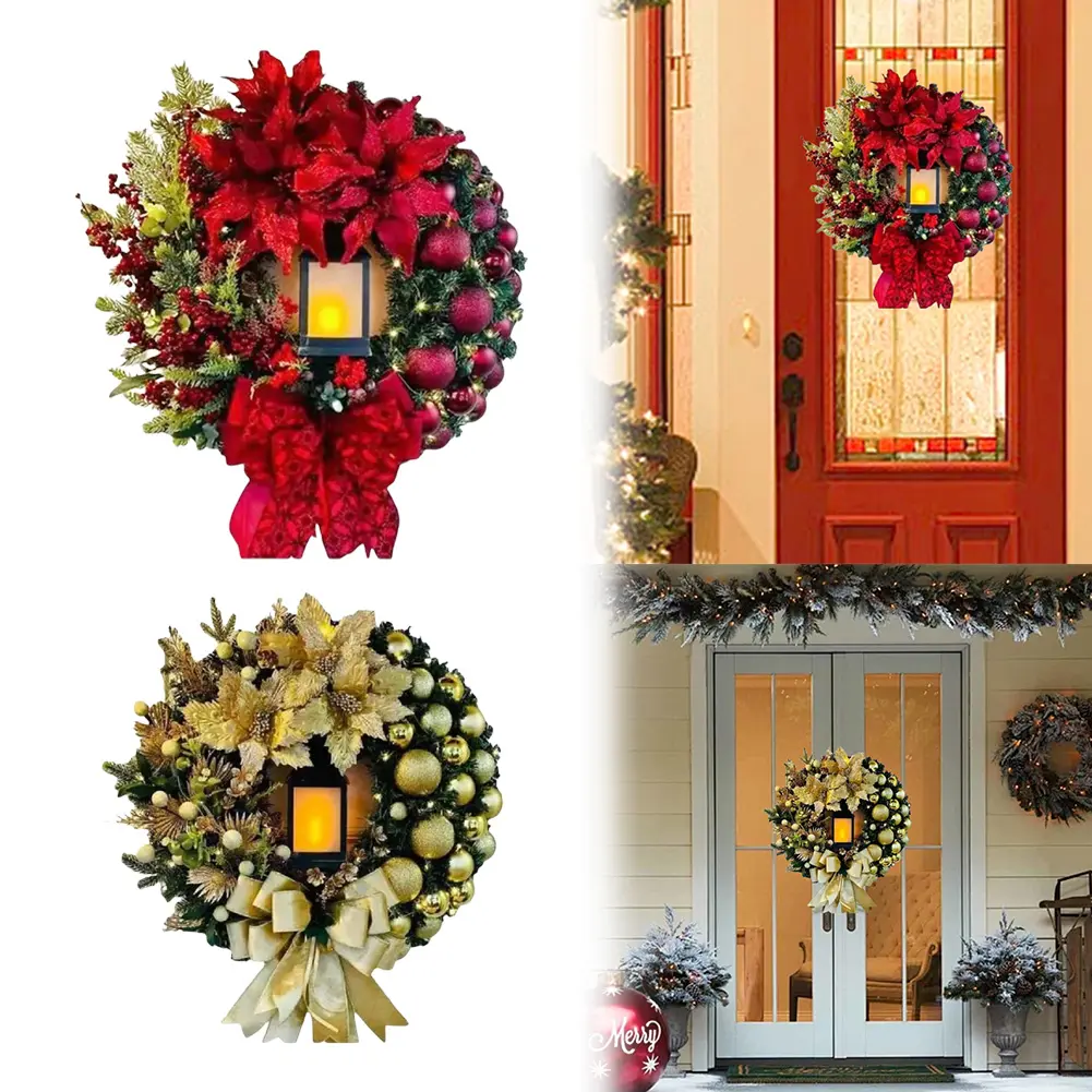 Christmas Wreath With Lamp Artificial Hanging Ornaments Front Door Wall Decorations Christmas Door Wreath for Front Door