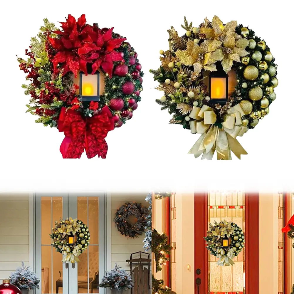 Christmas Wreath With Lamp Artificial Hanging Ornaments Front Door Wall Decorations Christmas Door Wreath for Front Door