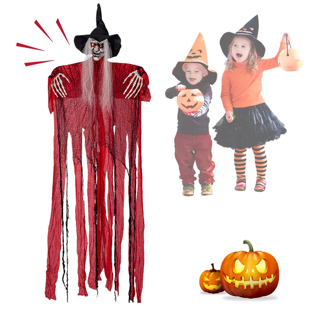 Halloween Hanging Witch Light Up Eyes Sound Activated Halloween Haunted House Props Decor Halloween Hanging Witch Skeleton Ghost