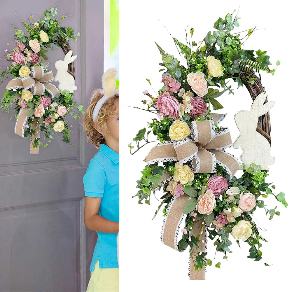 Easter Bunny Wreath Spring Wreath Rabbit Wreath Artificial Flower Wreath for Home Door Garden Party Holiday Decorations