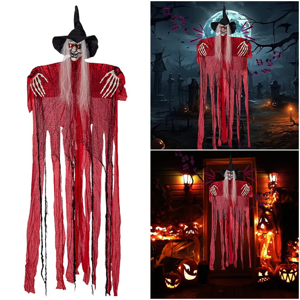 Halloween Hanging Witch Light Up Eyes Sound Activated Halloween Haunted House Props Decor Halloween Hanging Witch Skeleton Ghost
