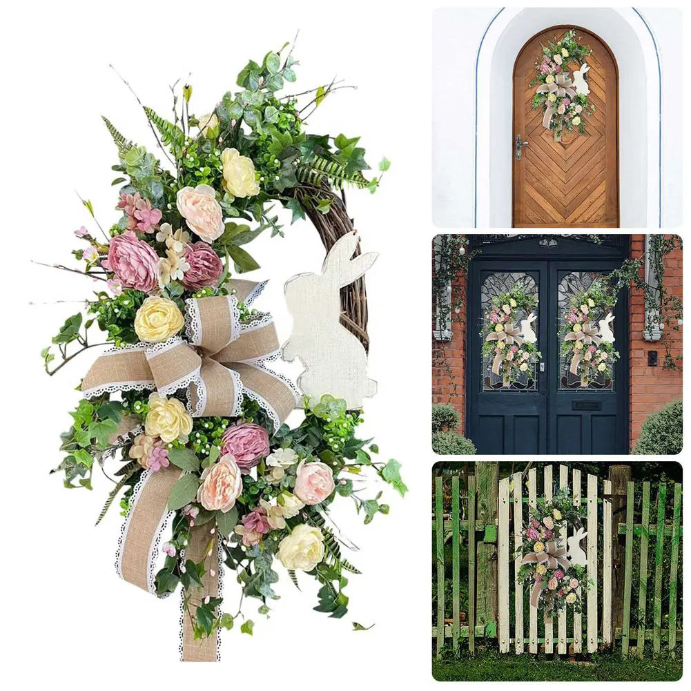 Easter Bunny Wreath Spring Wreath Rabbit Wreath Artificial Flower Wreath for Home Door Garden Party Holiday Decorations