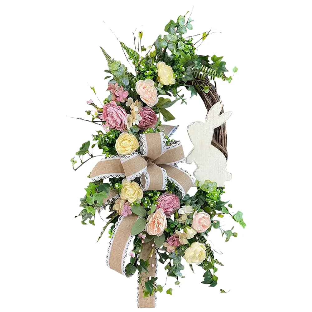 Easter Bunny Wreath Spring Wreath Rabbit Wreath Artificial Flower Wreath for Home Door Garden Party Holiday Decorations