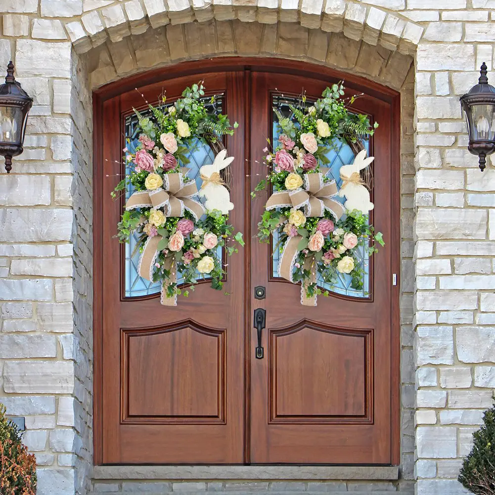 Easter Bunny Wreath Spring Wreath Rabbit Wreath Artificial Flower Wreath for Home Door Garden Party Holiday Decorations