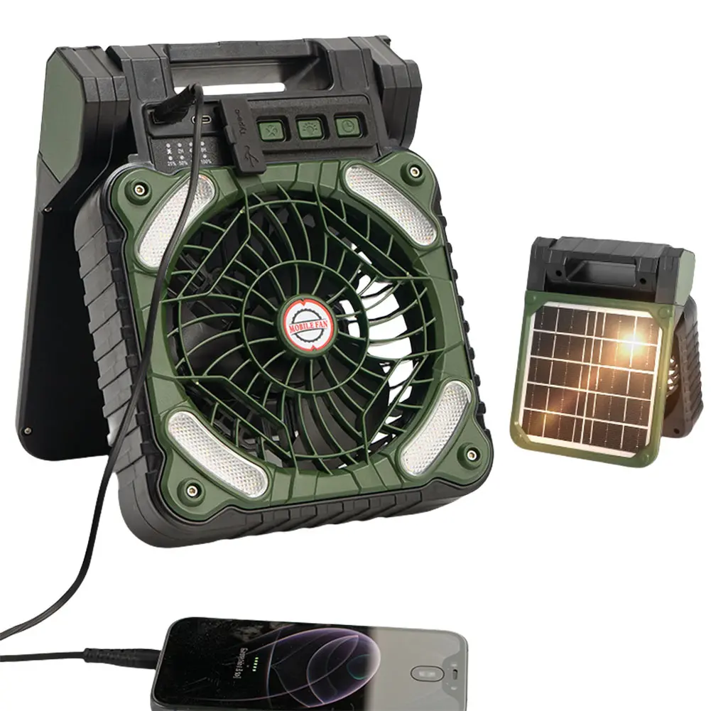 Solar Outdoor Camping Fan with LED Light 5200mAh Solar Outdoor Tent Fan 4 Wind Speeds Solar Powered Camping Fan for Emergency