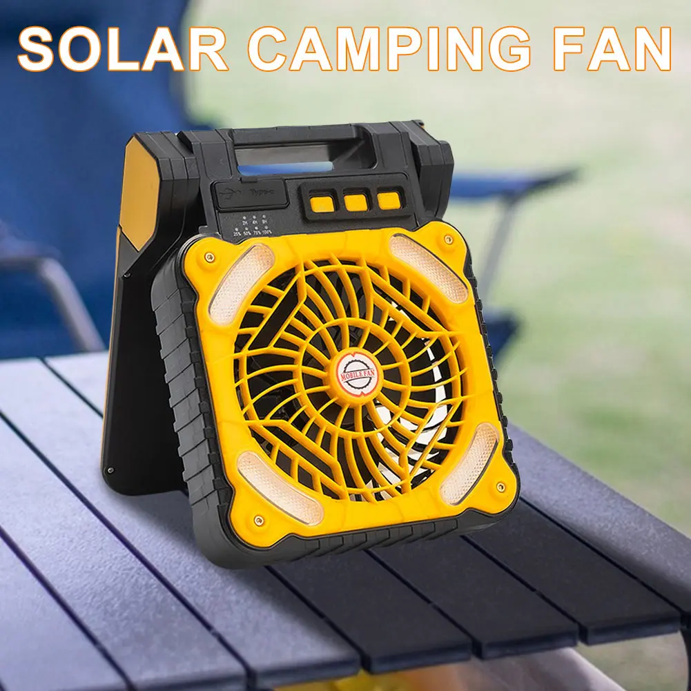 Solar Outdoor Camping Fan with LED Light 5200mAh Solar Outdoor Tent Fan 4 Wind Speeds Solar Powered Camping Fan for Emergency