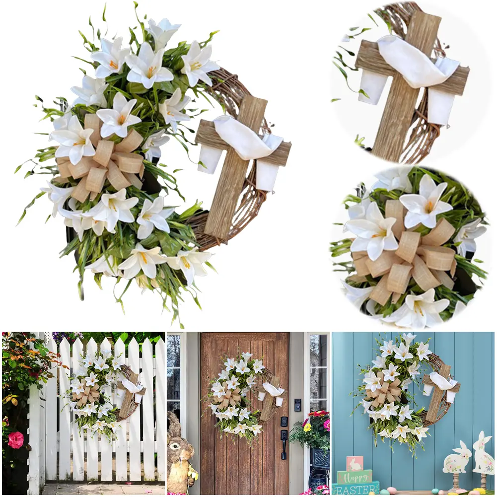 Easter Cross Wreath Hanging Wreath with Bow Easter Front Door Wreath for Front Door Easter Decorations