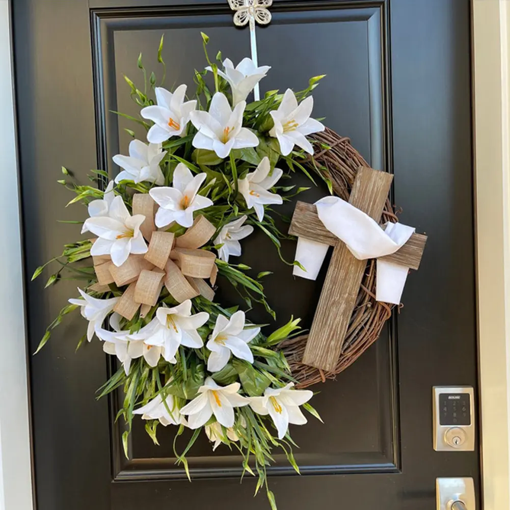 Easter Cross Wreath Hanging Wreath with Bow Easter Front Door Wreath for Front Door Easter Decorations