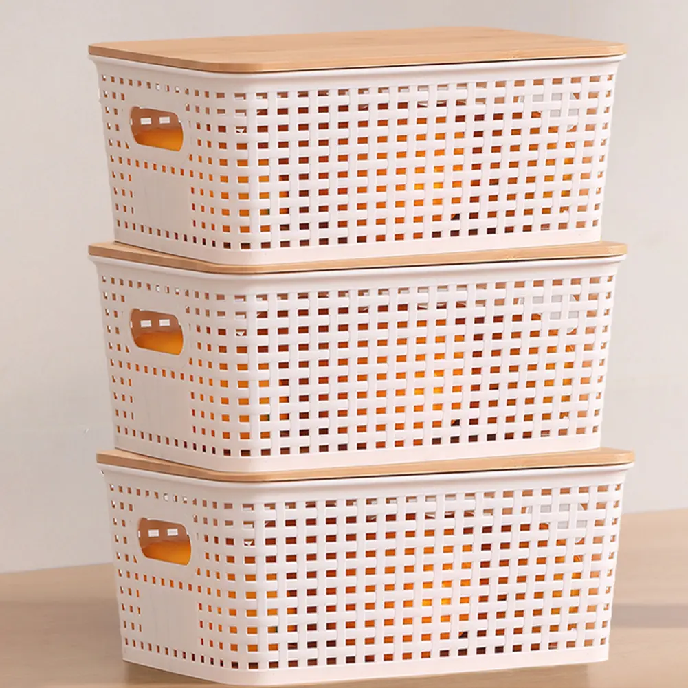 3Pcs Desktop Storage Box Large Capacity Plastic Storage Containers Handle Storage Baskets for Shelves Drawers Closet Playroom