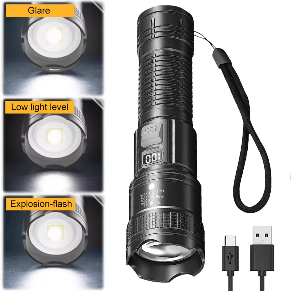 LED Outdoor Portable Flashlight USB Charging Strong Light Flashlight Waterproof Zoomable Emergency Flashlight for Power Outages
