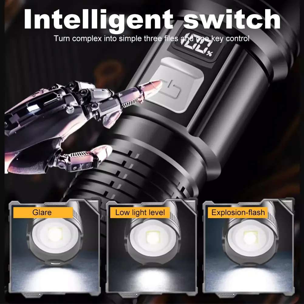LED Outdoor Portable Flashlight USB Charging Strong Light Flashlight Waterproof Zoomable Emergency Flashlight for Power Outages