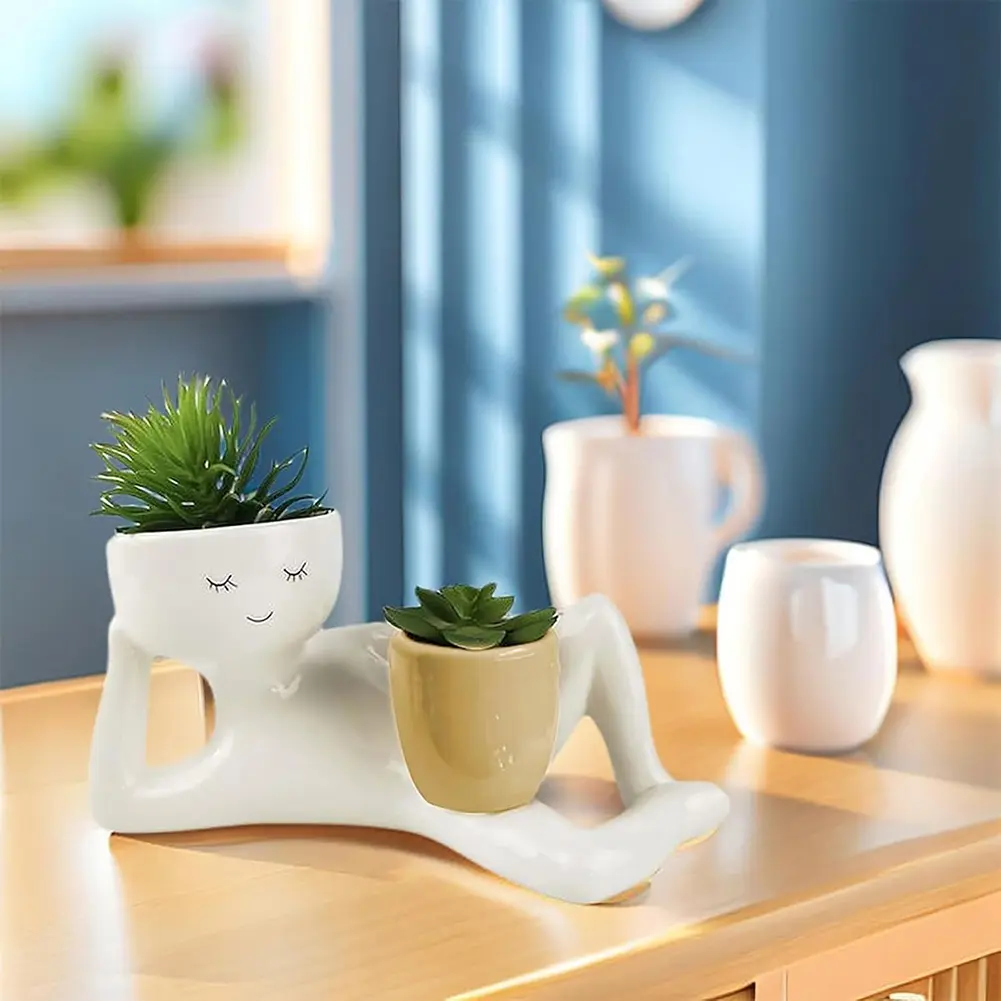 Lazy Guy Planter with Drainage Hole Relaxing Person Holding Pot Planter Resin Funny Plant Pots for Succulents Cactus