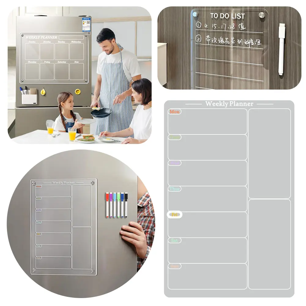 Acrylic Magnetic Calendar 7.8x11.7 In Magnetic Menu Board Reusable Acrylic Dry Erase Board with 6 Color Pens for Refrigerator