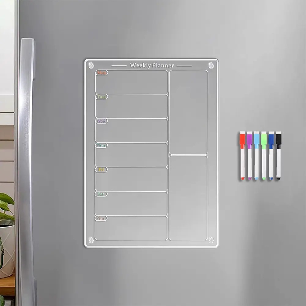 Acrylic Magnetic Calendar 7.8x11.7 In Magnetic Menu Board Reusable Acrylic Dry Erase Board with 6 Color Pens for Refrigerator