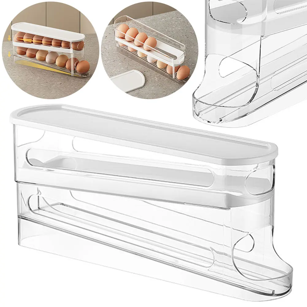 2 Tier Auto Rolling Egg Dispenser Holds 12 To 14 Eggs Rolling Eggs Container Space-saving Kitchen Egg Organizer for Refrigerator