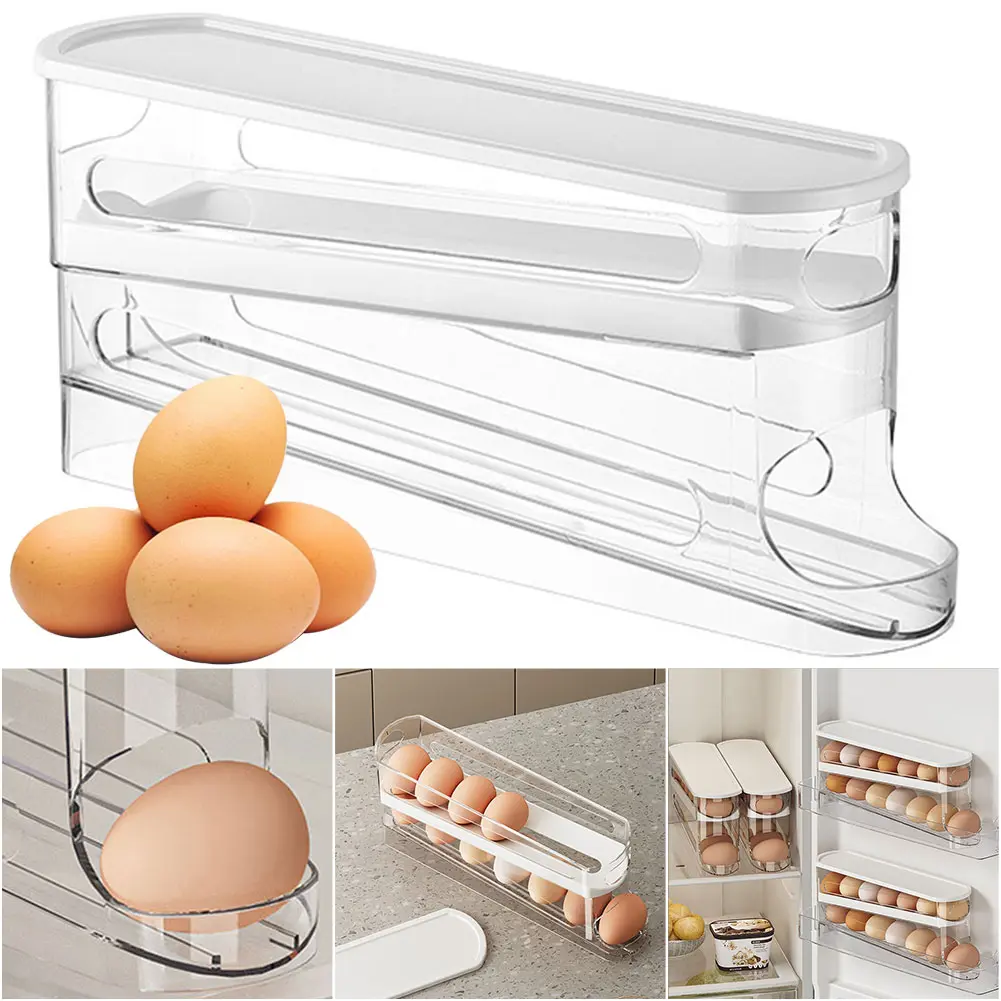 2 Tier Auto Rolling Egg Dispenser Holds 12 To 14 Eggs Rolling Eggs Container Space-saving Kitchen Egg Organizer for Refrigerator
