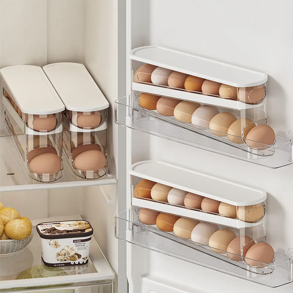 2 Tier Auto Rolling Egg Dispenser Holds 12 To 14 Eggs Rolling Eggs Container Space-saving Kitchen Egg Organizer for Refrigerator