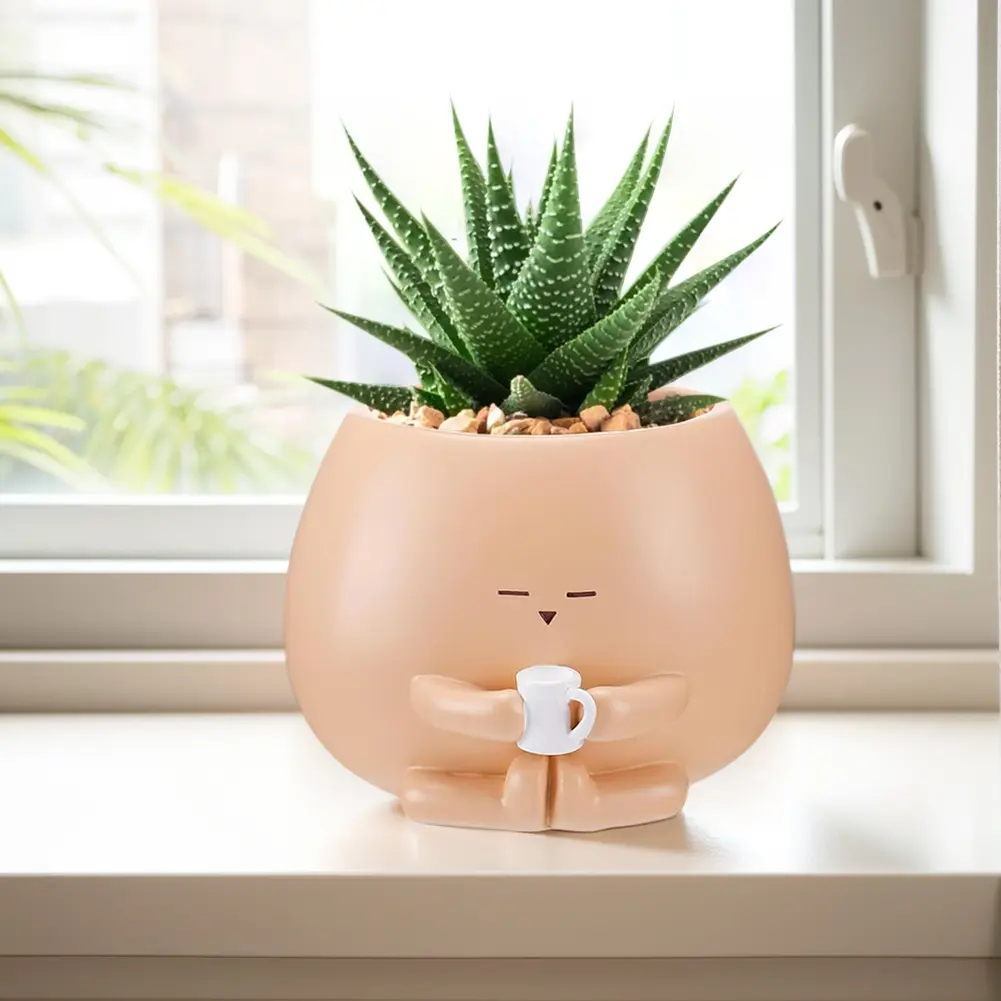 Resin Holding Cup Figure Flower Pots with Drainage Hole Sitting Design Garden Planter for Indoor Outdoor Office House