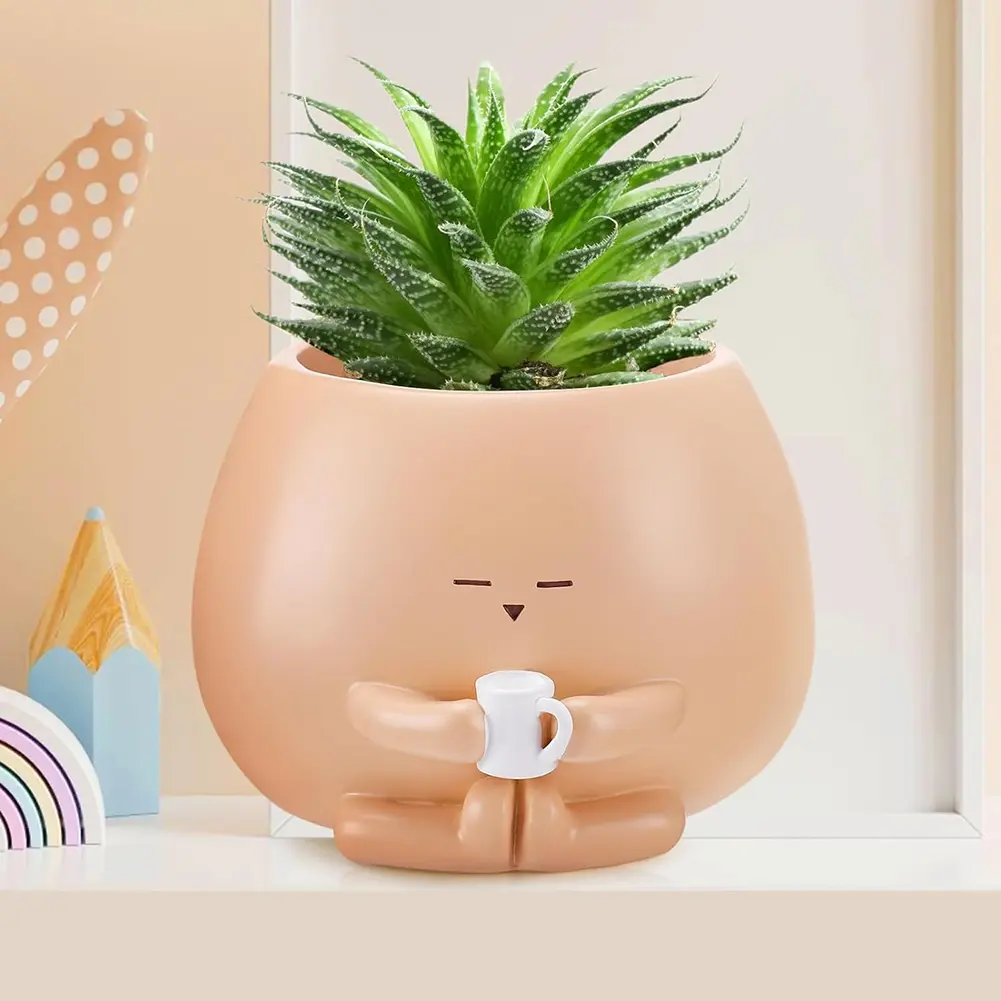 Resin Holding Cup Figure Flower Pots with Drainage Hole Sitting Design Garden Planter for Indoor Outdoor Office House