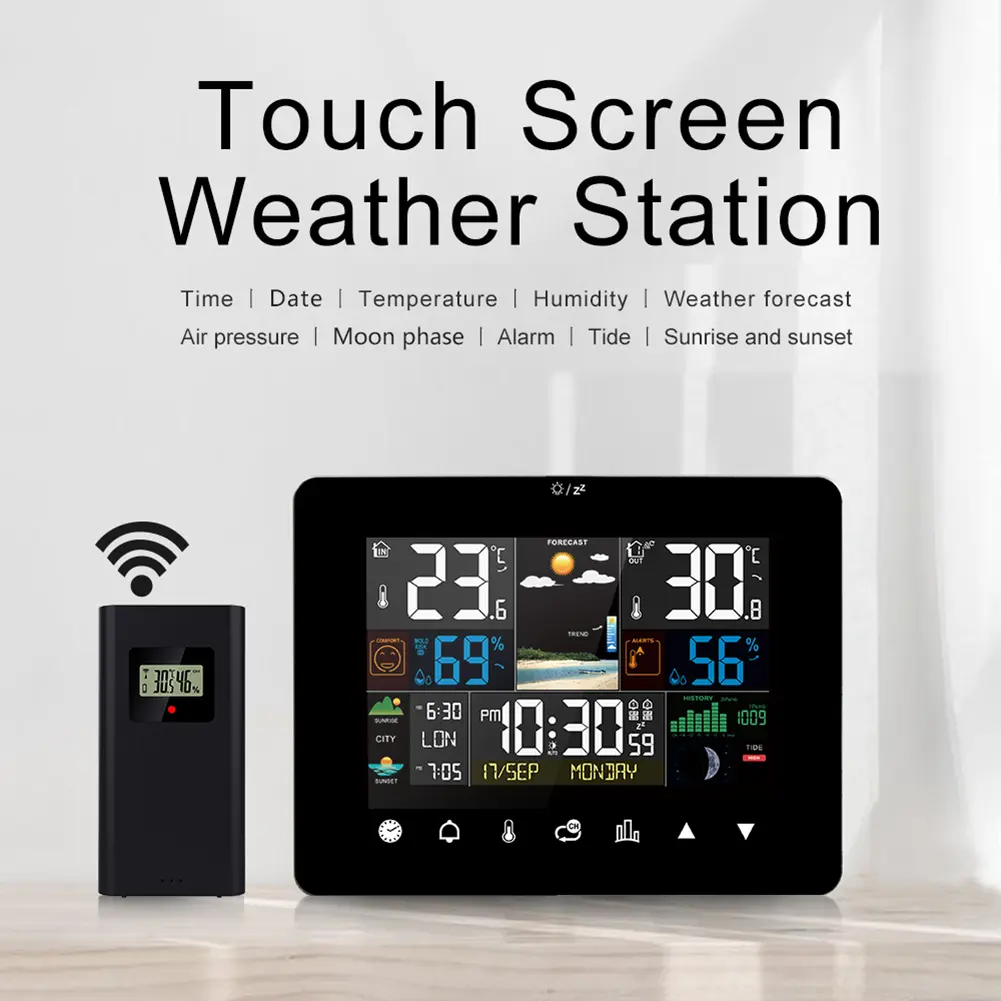 Wireless Weather Station with Atomic Clock Thermometer Home Weather Station Color Display Digital Forecast Station for Home