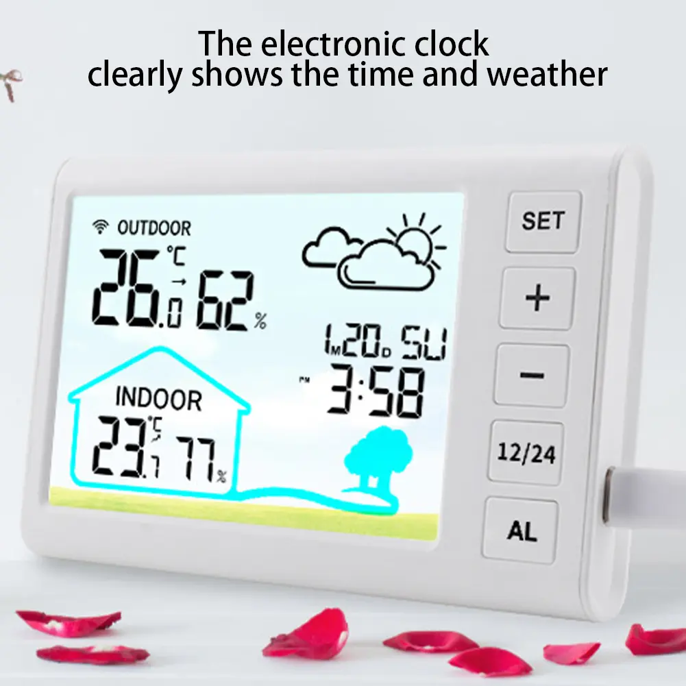 Wireless Weather Station Temperature and Humidity Monitor Battery Powered Digital Thermometer Hygrometer Alarm Clock for Desktop