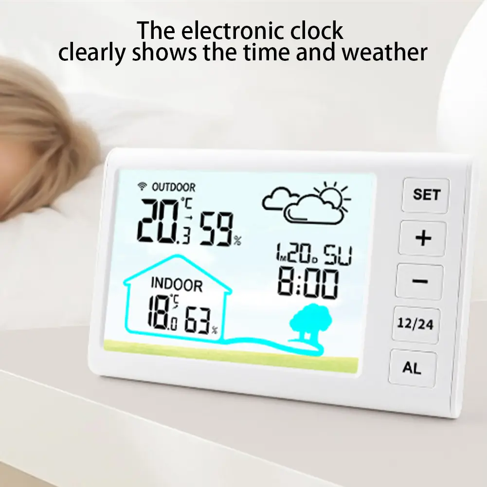 Wireless Weather Station Temperature and Humidity Monitor Battery Powered Digital Thermometer Hygrometer Alarm Clock for Desktop