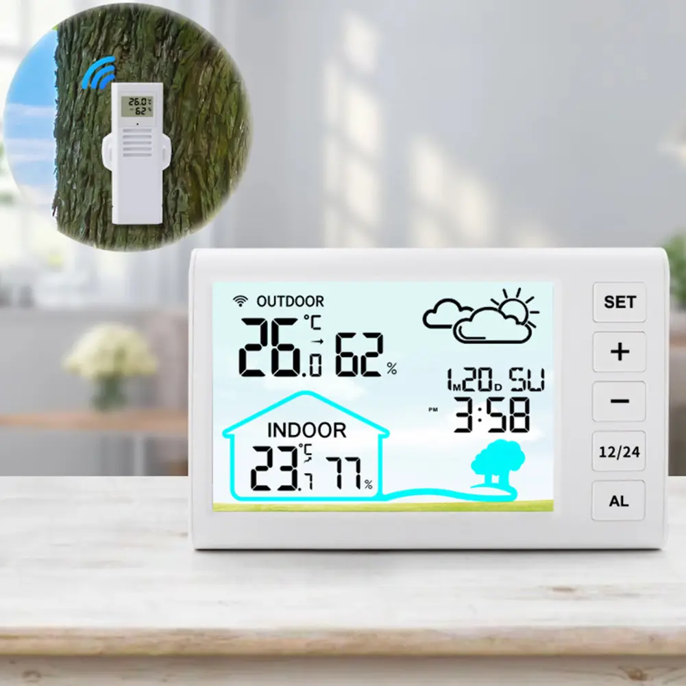 Wireless Weather Station Temperature and Humidity Monitor Battery Powered Digital Thermometer Hygrometer Alarm Clock for Desktop