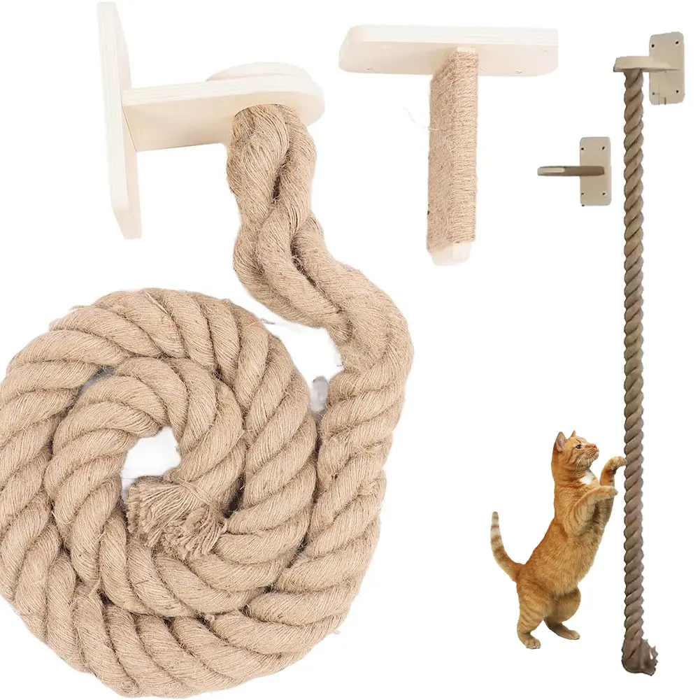 Cat Climbing Rope with Wood Platform Wall Mounted Rope Reusable Claw Grinding Tool for Cat Furniture Scratcher Play Equipment