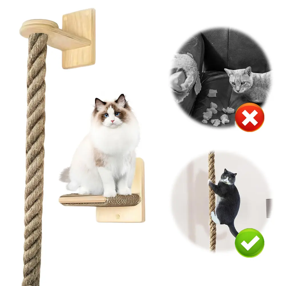 Cat Climbing Rope with Wood Platform Wall Mounted Rope Reusable Claw Grinding Tool for Cat Furniture Scratcher Play Equipment