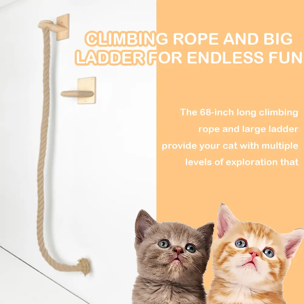 Cat Climbing Rope with Wood Platform Wall Mounted Rope Reusable Claw Grinding Tool for Cat Furniture Scratcher Play Equipment