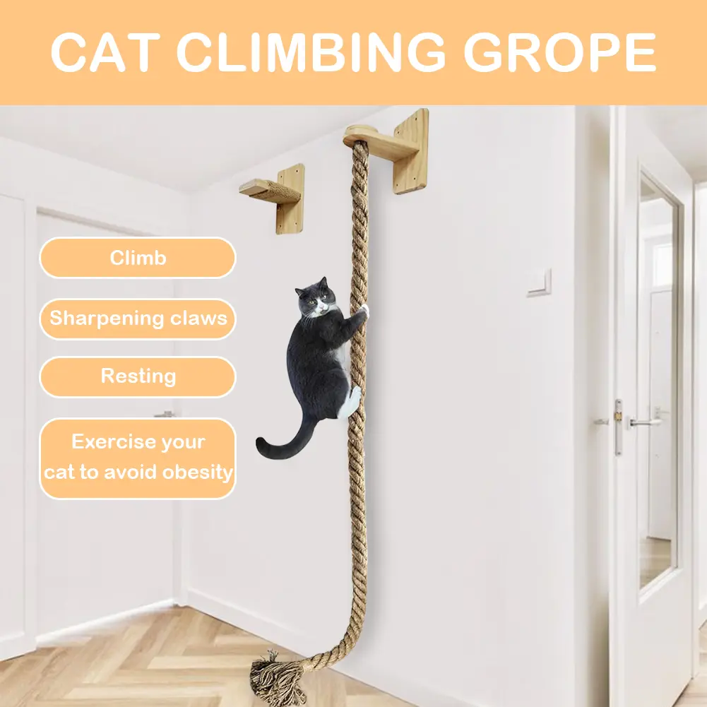 Cat Climbing Rope with Wood Platform Wall Mounted Rope Reusable Claw Grinding Tool for Cat Furniture Scratcher Play Equipment