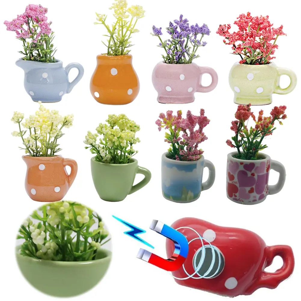8pcs Funny Mini Plant Magnets Mini Ceramic Vase Fridge Magnets Flower Vase Refrigerator Magnets for Kitchen Home Decor