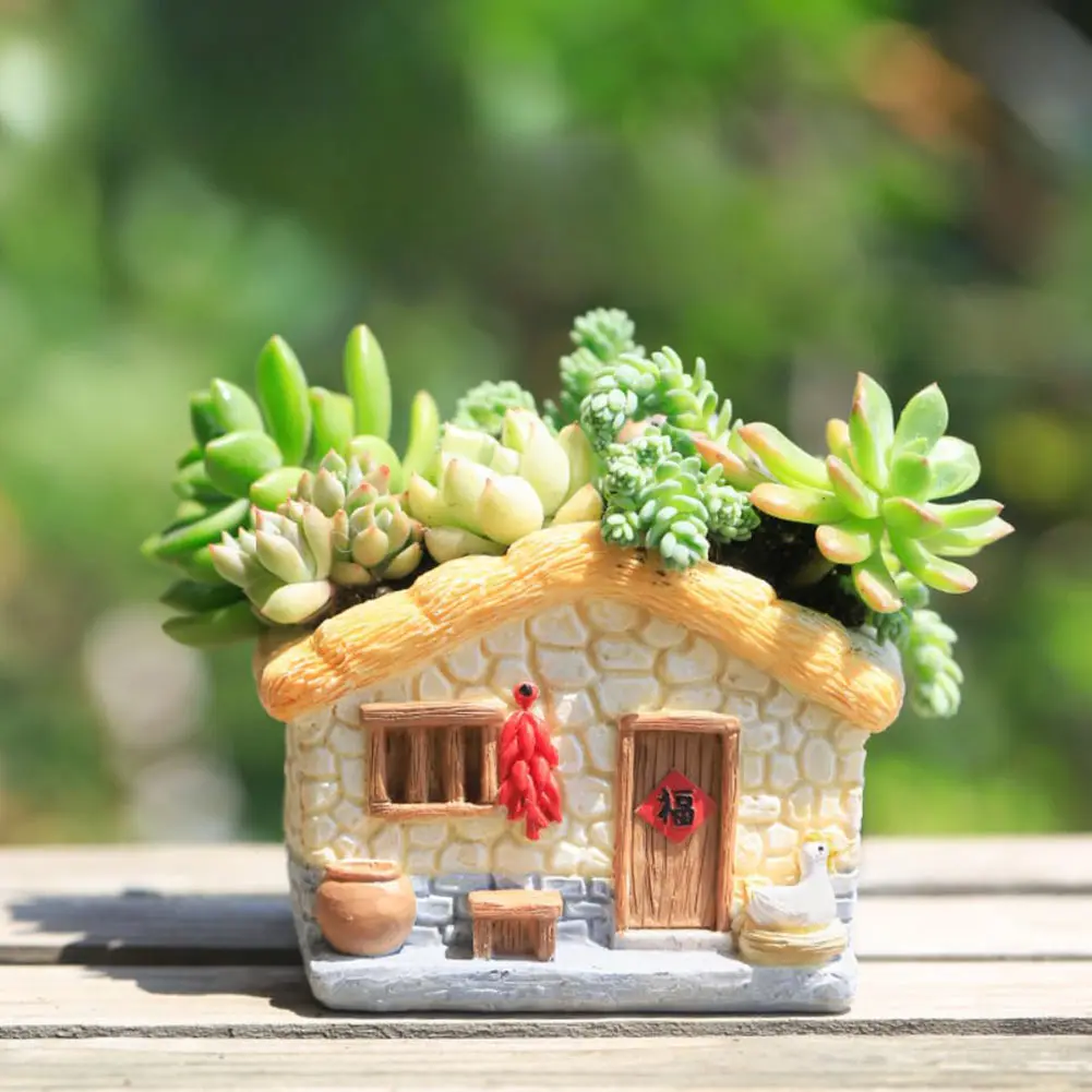 Farmhouse Succulent Pot House Shape Bonsai Pot Resin Succulent Planter Multi-Function Garden Plant Pot for Herb Cactus Succulent
