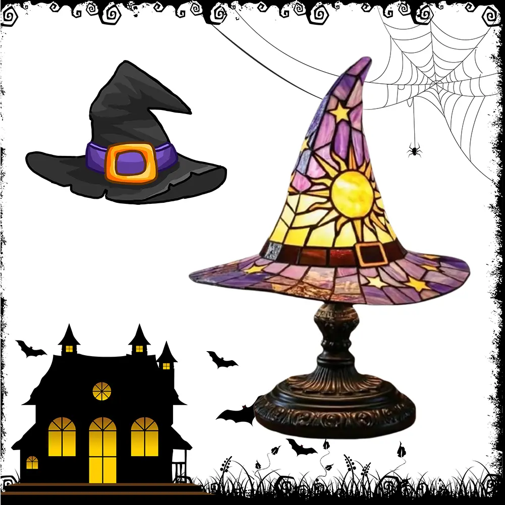LED Stained Glass Witch Hat Lamp USB Powered Halloween Hat Lamp Wizard Hat Night Light for Living Room Bedroom Decoration