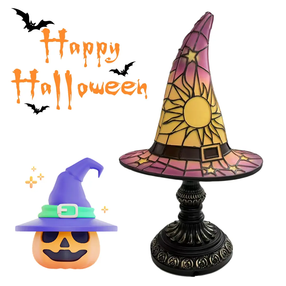 LED Stained Glass Witch Hat Lamp USB Powered Halloween Hat Lamp Wizard Hat Night Light for Living Room Bedroom Decoration