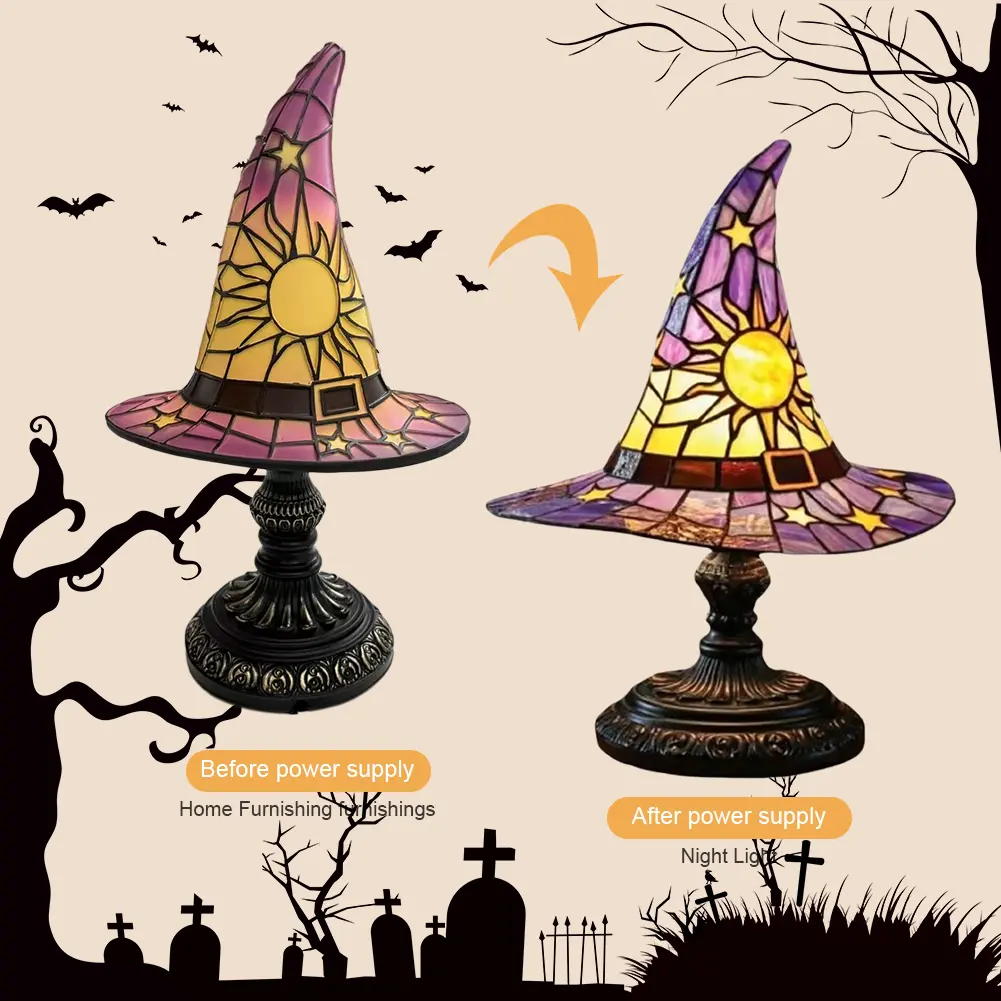 LED Stained Glass Witch Hat Lamp USB Powered Halloween Hat Lamp Wizard Hat Night Light for Living Room Bedroom Decoration
