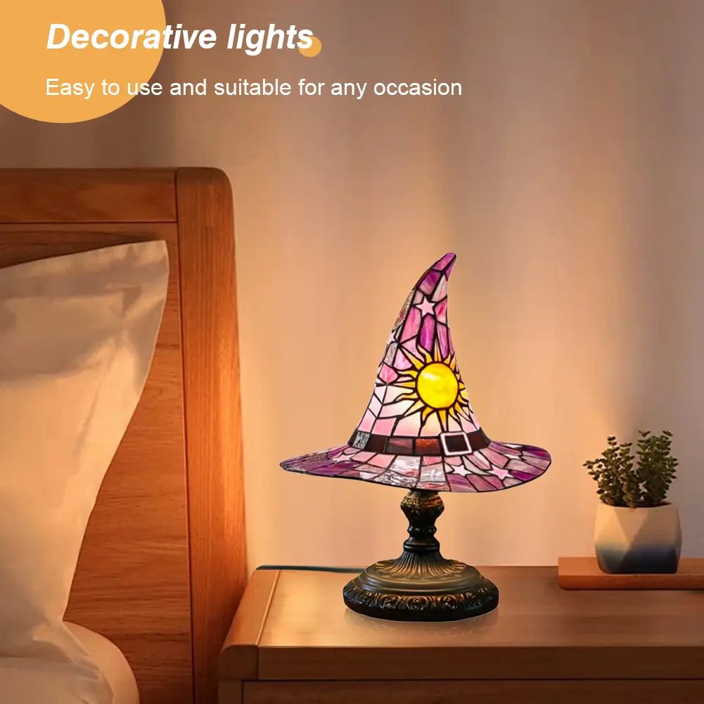 LED Stained Glass Witch Hat Lamp USB Powered Halloween Hat Lamp Wizard Hat Night Light for Living Room Bedroom Decoration