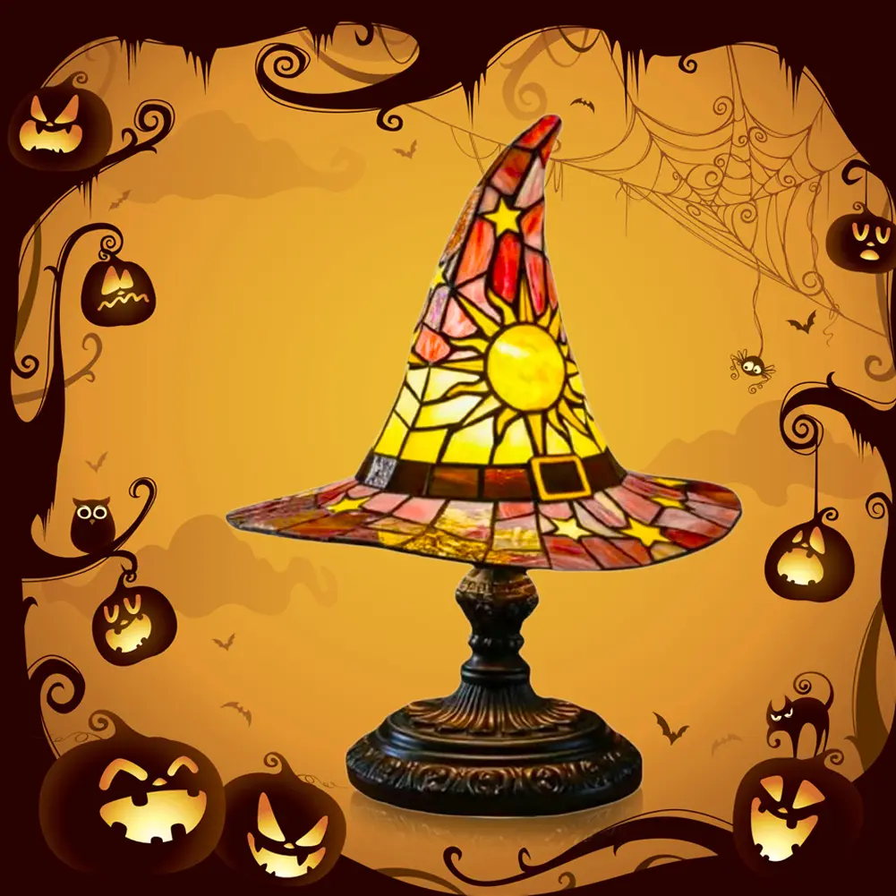 LED Stained Glass Witch Hat Lamp USB Powered Halloween Hat Lamp Wizard Hat Night Light for Living Room Bedroom Decoration