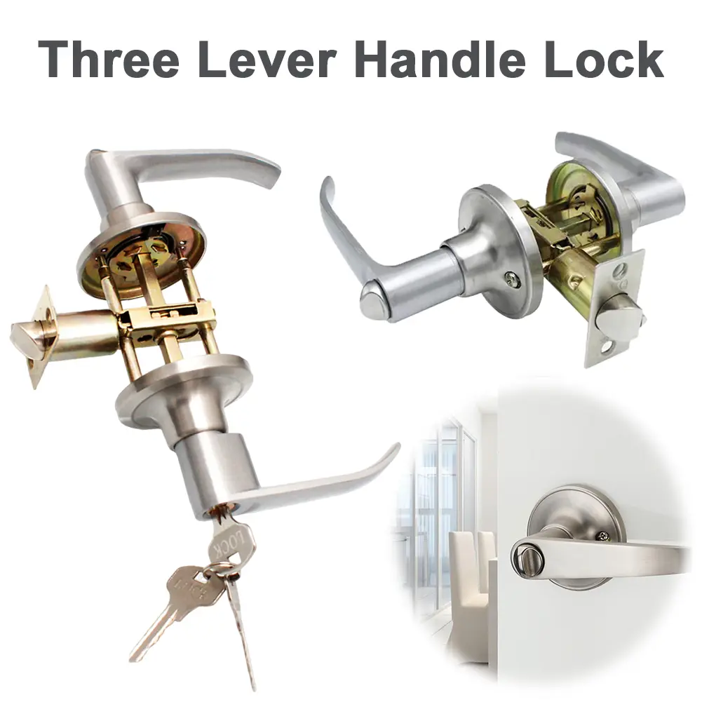 Locking Door Handle with 3 Keys Entrance Door Handles Stainless Steel Interior Lever Lock Door Knob Replacement for Home Office