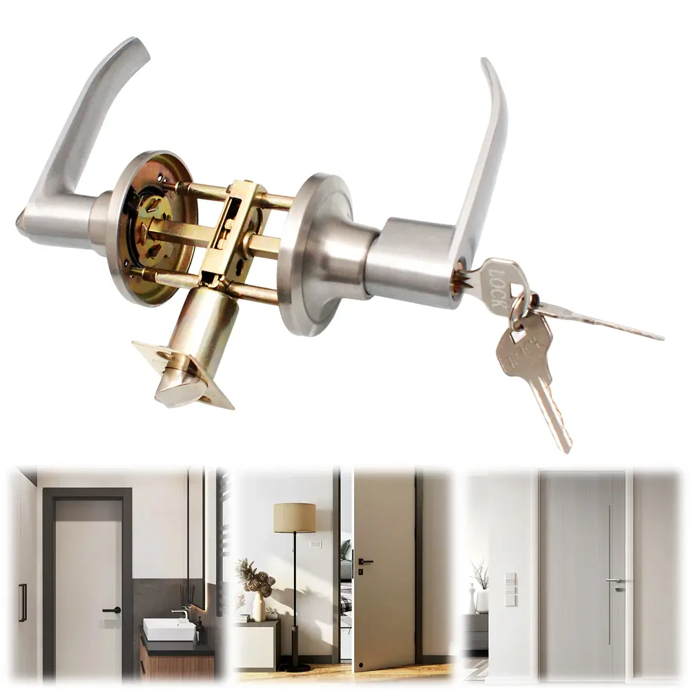 Locking Door Handle with 3 Keys Entrance Door Handles Stainless Steel Interior Lever Lock Door Knob Replacement for Home Office